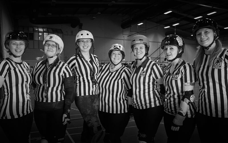 The first all-female ref crew for an MRDA sanctioned bout in the UK, 2016